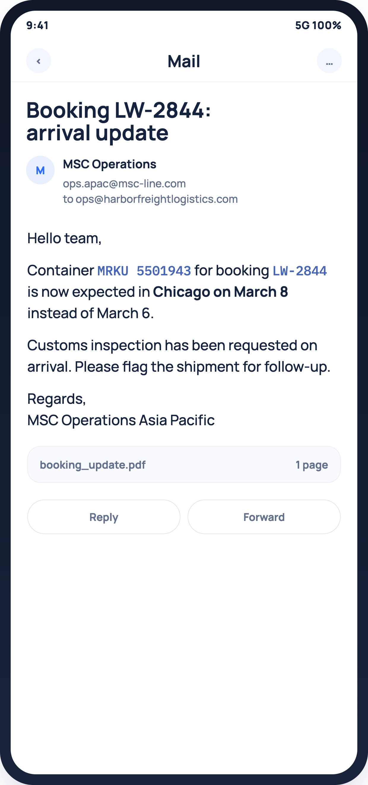 Synthetic carrier email reporting a new ETA and customs inspection