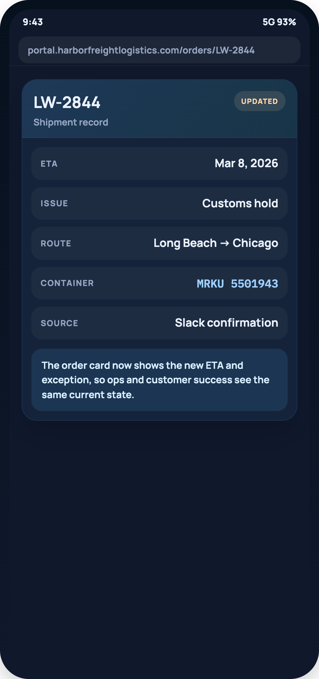 Synthetic logistics portal with updated ETA and customs hold status