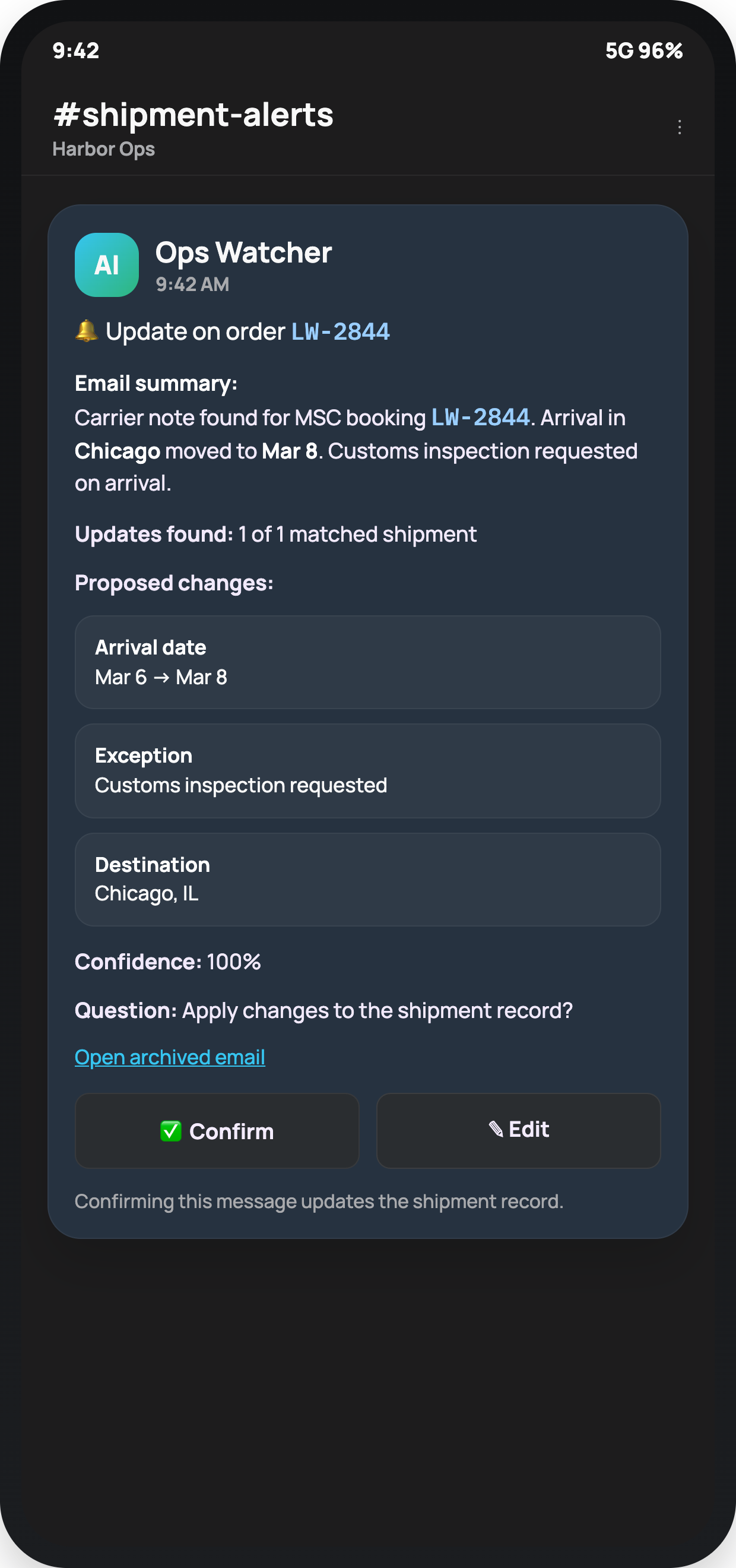 Synthetic operations review showing confirm and edit controls